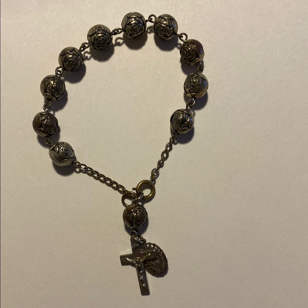 💯Vintage  Silver Rosary Bracelet with Cross Charm